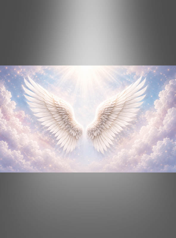 Ein Paar „Weiße Engelsflügel“-Wanddekorationen (170 x 200 cm) vor einem leuchtenden Himmel mit Sonnenlicht und flauschigen Wolken, zentriert unter einem Scheinwerferlicht – perfekt als XXL-Fotowand oder Hintergrund für Fotoshootings.