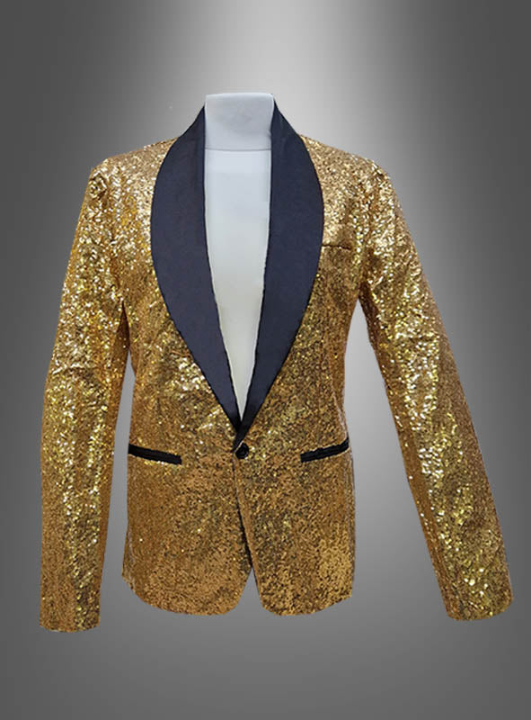 Die auffällige Deluxe-Paillettenjacke mit goldenen Pailletten, einem schwarzen Schalkragen und schwarz eingefassten Taschen wird auf einer kopflosen Schaufensterpuppe vor einem grau verlaufenden Hintergrund präsentiert.