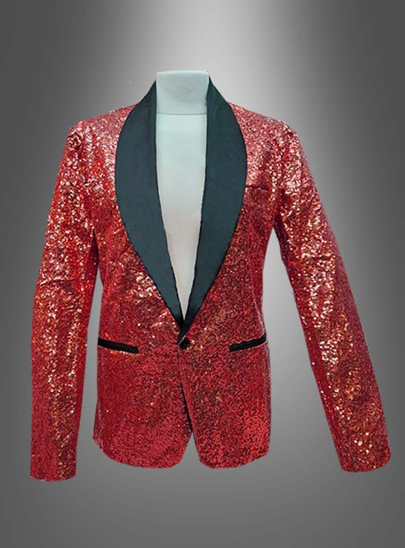 Luxuriöse Paillettenjacke in Rot mit schwarzen Revers und Taschen, präsentiert auf einer Torso-Schaufensterpuppe vor einem grauen Hintergrund mit Farbverlauf.