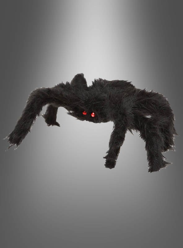 Eine schwarze, flauschige Spinne (30–90 cm) als Halloween-Dekoration mit roten Augen ist vor einem grauen Hintergrund mit Farbverlauf abgebildet und eignet sich somit hervorragend für Ihre Halloween-Dekoration.