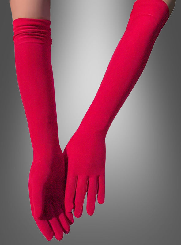 Zwei Arme, geschmückt mit den „Lange Handschuhe 40 cm für Damen“ in leuchtendem Rot, sind vor einem grauen Hintergrund mit Farbverlauf an den Handgelenken elegant verschränkt.