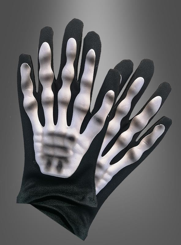 Ein Paar Skelett-Handschuhe für Kinder in Schwarz mit weißen Skelett-Motiven auf der Oberseite – ideal als Ergänzung zu jedem Skelett-Kinderkostüm oder als Halloween-Handschuhe für Kinder –, präsentiert vor einem grauen Hintergrund mit Farbverlauf.