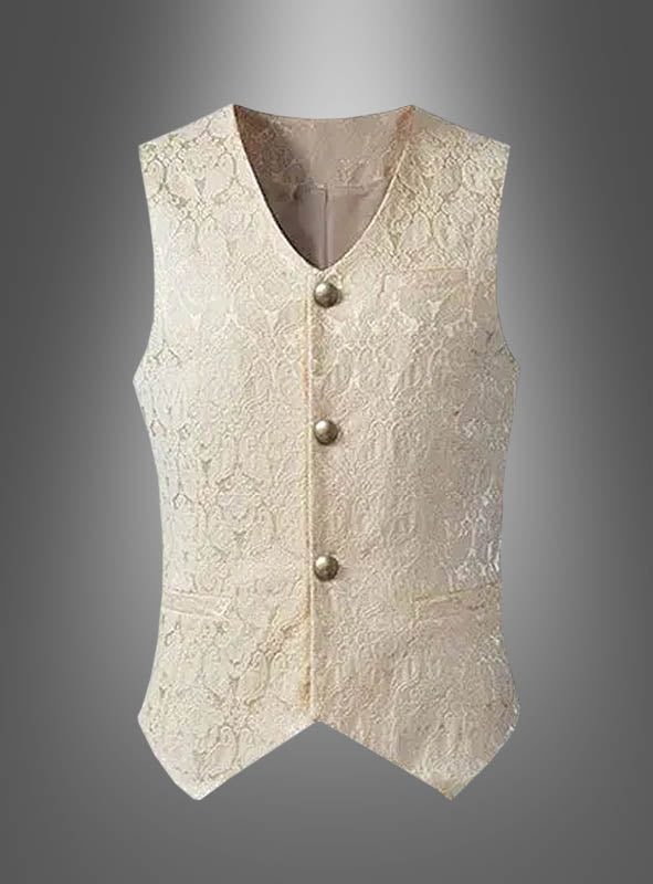Hochwertige Herrenweste aus Brokat in Creme mit drei metallischen Knöpfen, inspiriert von der klassischen Gothic-Ästhetik, präsentiert vor einem grauen Hintergrund mit Farbverlauf.