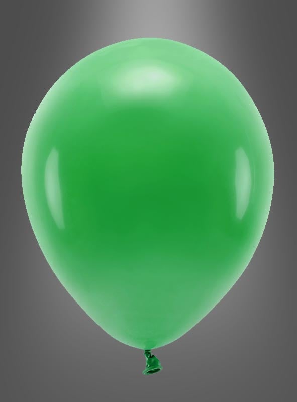 Ein einzelner aufgeblasener grüner Luftballon aus der Kollektion „Luftballons Partydeko – biologisch abbaubar“ schwebt vor einem neutralen grauen Hintergrund und eignet sich somit perfekt als umweltfreundliche Partydekoration oder als Geburtstagsballon.