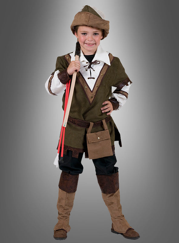 Ein Kind im Robin-Hood-Kinderkostüm – mit der klassischen Mütze, der grünen Tunika, den braunen Stiefeln und einem Spielzeugbogen – steht vor einem grauen Hintergrund – perfekt für Fasching oder jede Mittelalter-Kostümparty.