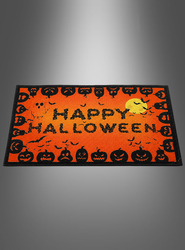Rechteckige Halloween-Fußmatte für den Eingangsbereich mit auffälligem „Happy Halloween“-Schriftzug, schwarzen Kürbislaternen, Fledermäusen und einem Vollmond auf leuchtend orangefarbenem Hintergrund – perfekt als festliche Halloween-Dekoration für Ihren Eingangsbereich.