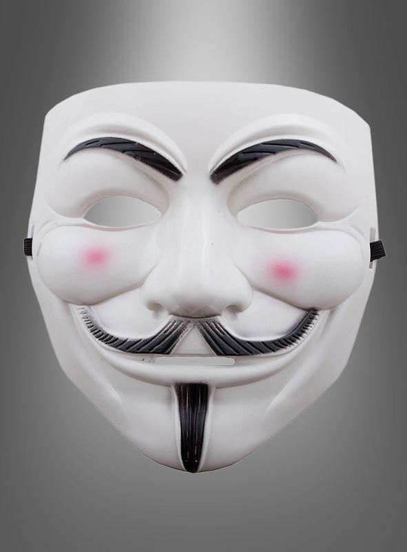 Eine weiße Maske mit Bart, die einen schwarzen Schnurrbart, einen Ziegenbart, geschwungene Augenbrauen und rosige Wangen aufweist, vor einem grauen Hintergrund mit Farbverlauf.