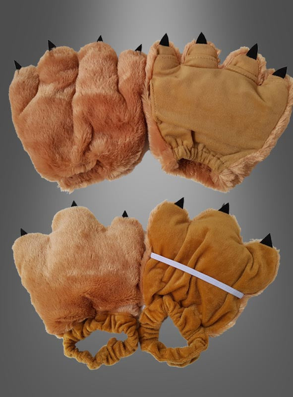 Zwei Paar „Plüschfell Hände“-Handschuhe mit Krallen in Braun, aus flauschigem Material und mit schwarzen Krallen, sind auf grauem Hintergrund abgebildet, wobei sowohl die Handflächen als auch die Handrücken zu sehen sind – perfekt für Tierkostüme.