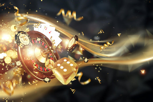 Bild zum Thema Casino mit einem Roulette-Rad, Spielkarten, Pokerchips, goldenen Würfeln und goldenen Luftschlangen vor einem dunklen Hintergrund.