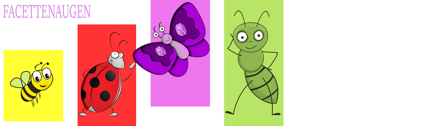 Vier Comic-Insekten – eine Biene, ein Marienkäfer, ein Schmetterling und eine Ameise – sind jeweils auf separaten farbigen Rechtecken abgebildet, auf denen oben links der Text „FACHTENAUGEN“ steht.