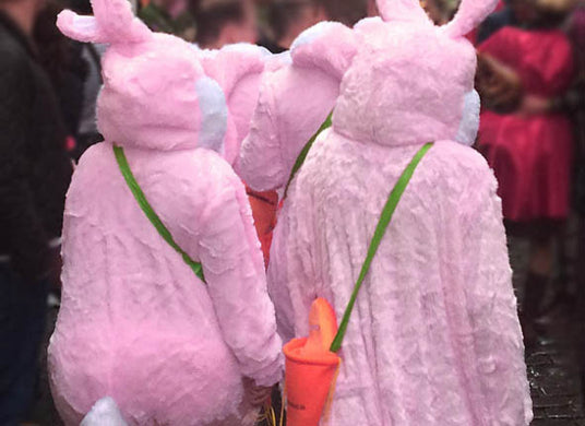 Drei Personen in rosa Hasenkostümen mit grünen Trägern und orangefarbenen Möhren-Taschen stehen zusammen in einer Menschenmenge.