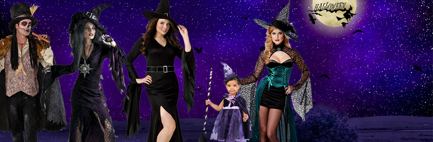 Fünf Personen in Halloween-Kostümen – vier Erwachsene als Hexen verkleidet und ein Kind in einem lila Hexenkostüm – stehen vor einem lila Nachthimmel mit Vollmond und fliegenden Fledermäusen.