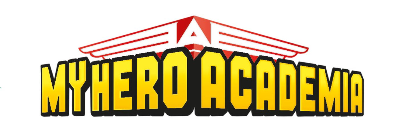 Das Bild zeigt das „My Hero Academia“-Logo in kräftigen gelben und schwarzen Buchstaben mit einem roten, stilisierten Flügel-Emblem darüber.