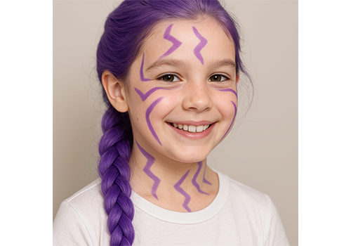 Ein lächelndes Kind mit langen, violetten Zöpfen und violetter Zickzack-Gesichtsbemalung, das ein weißes Hemd trägt und vor einem schlichten Hintergrund steht.