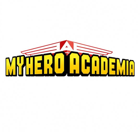 Das „My Hero Academia“-Logo mit fettgedrucktem gelbem Text, umrandet von einem schwarzen Rahmen, und stilisierten roten Flügeln über dem Schriftzug auf weißem Hintergrund.