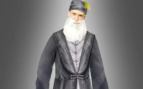 Eine Person in einer grauen Robe und einer Kopfbedeckung mit einer gelben Feder, die einen langen weißen Bart trägt, steht vor einem grau abgestuften Hintergrund.