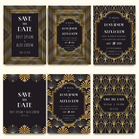 Sechs Hochzeitseinladungen im Art-Déco-Stil mit schwarzem Hintergrund und goldenen geometrischen Mustern, mit Platzhaltern für Namen und Hochzeitsdetails.
