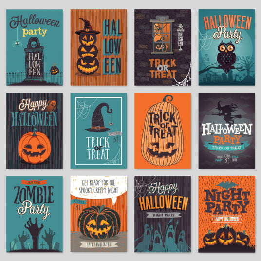 Zwölf illustrierte Halloween-Partyplakate mit Kürbissen, Spinnen, Fledermäusen, Skeletten und festlichen Schriftzügen in verschiedenen Farben und Designs.