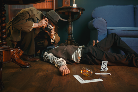 Ein Kriminalbeamter hockt sich hin, um einen Tatort zu fotografieren, auf dem ein Mann auf dem Boden liegt, neben dem sich Beweismarkierungen und ein umgestürztes Glas befinden.