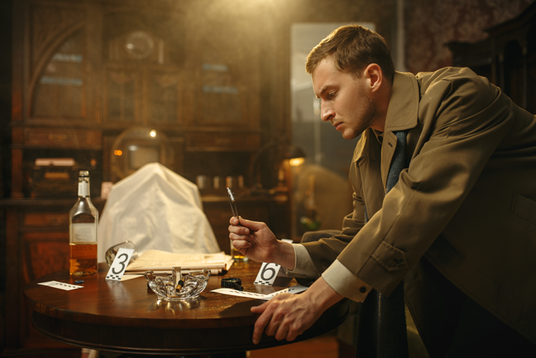 Ein Kriminalbeamter im Trenchcoat untersucht an einem Tisch am Tatort Beweismittel: nummerierte Markierungen, eine Flasche, Papiere und im Hintergrund eine mit einem Laken bedeckte Leiche.