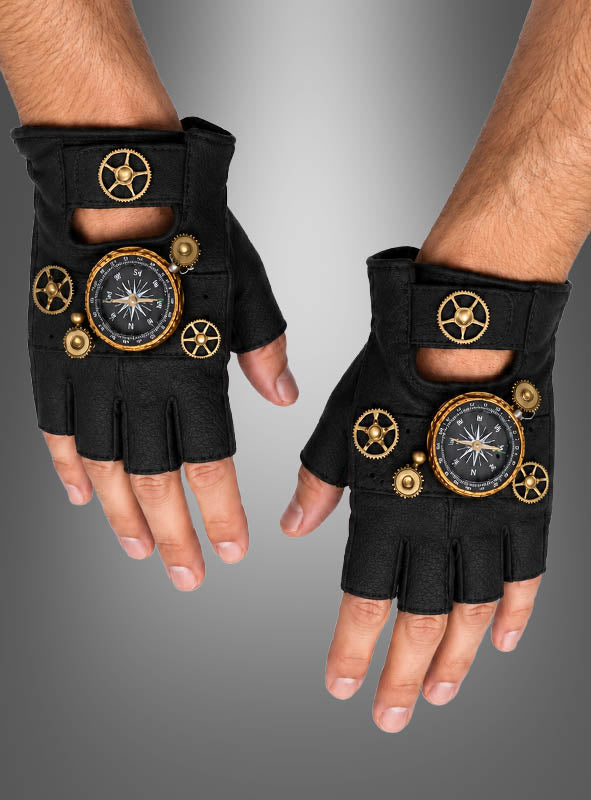 Steampunk Handschuhe mit Kompass & Zahnrädern