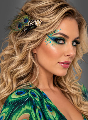 Traumhaftes Pfau Cape mit Haarschmuck