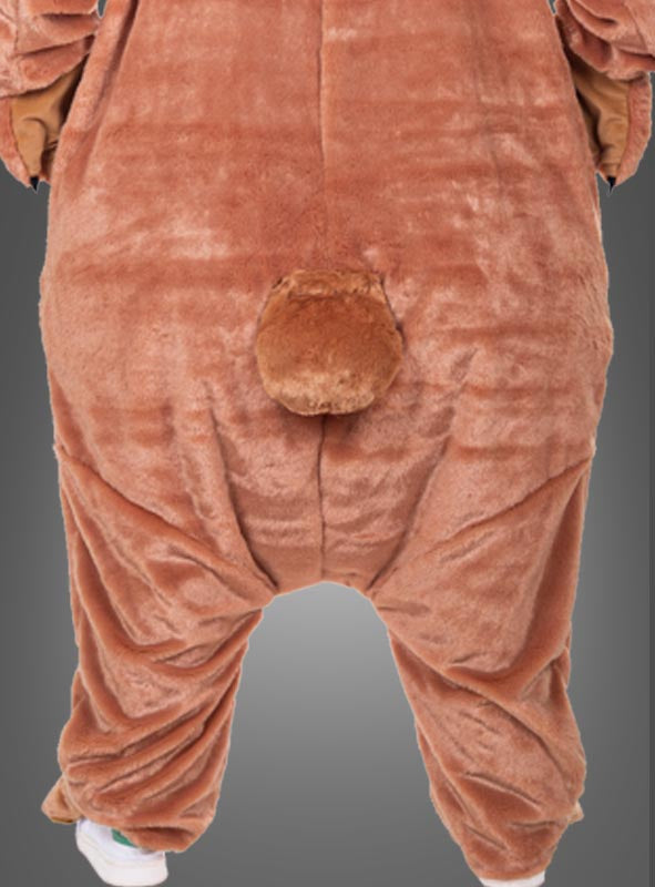 Eine Person trägt ein braunes Tierkostüm mit der Plüschmaske „Langohrhase und Schwanz“ (waschbar), das von hinten vor einem grauen Hintergrund zu sehen ist.