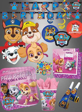 Das „Mädchen Partydeko Paw Patrol“ Set in Rosa mit 61 Teilen enthält Geburtstagsdekorationen zum Thema „PAW Patrol“, darunter Figurenmasken, Teller, Servietten, Tröten und ein „Happy Birthday“-Banner mit beliebten Figuren wie Chase, Marshall, Skye und Everest – perfekt für eine ausgelassene Paw Patrol-Party.