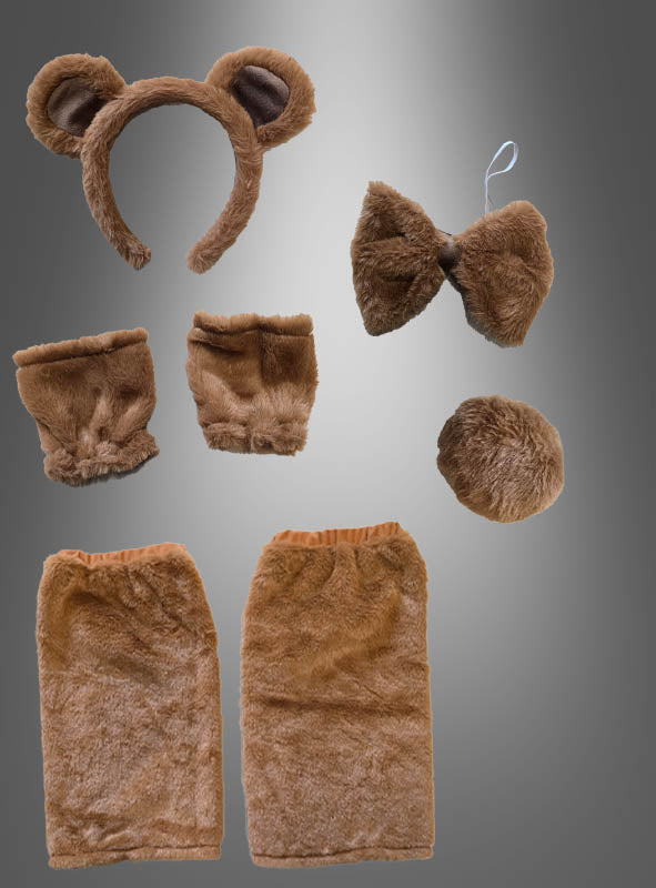 Ein 7-teiliges Bären-Set für Tierkostüme – perfekt für den Karneval – enthält einen Haarreif mit Ohren, eine Fliege, zwei Manschetten für die Handgelenke, einen Schwanz und zwei Beinmanschetten, alles aus weichem braunem Stoff gefertigt. Dieses Set ist ideal, um sich bei jedem Fest in Ihr Lieblings-Bärenkostüm zu verwandeln.