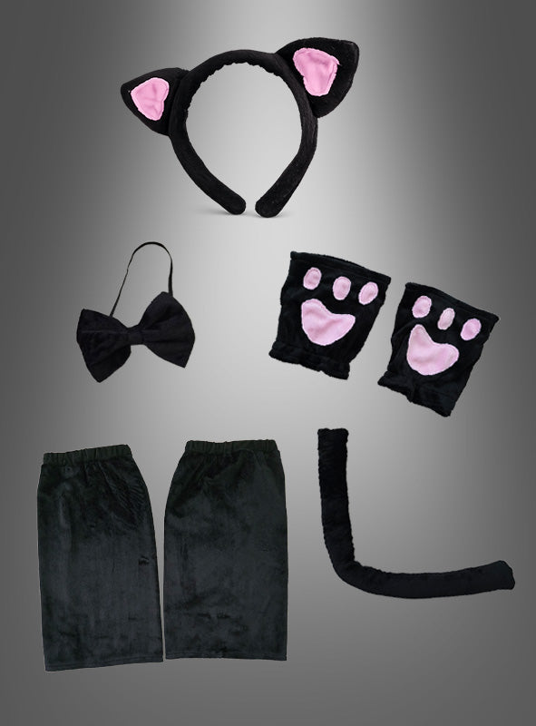 Ein 7-teiliges „Schwarze Katze“-Kostüm-Set, präsentiert vor grauem Hintergrund, bestehend aus einem Stirnband mit Katzenohren, einem Katzenschwanz, zwei schwarzen Pfoten mit rosa Ballen, einer Fliege und zwei Beinbedeckungen aus Stoff. Dieses stilvolle Set eignet sich perfekt für jeden Anlass rund um das Thema Katzen.