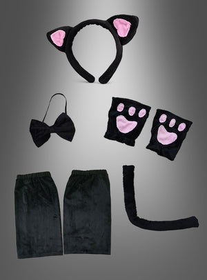 Ein 7-teiliges „Schwarze Katze“-Kostüm-Set, präsentiert vor grauem Hintergrund, bestehend aus einem Stirnband mit Katzenohren, einem Katzenschwanz, zwei schwarzen Pfoten mit rosa Ballen, einer Fliege und zwei Beinbedeckungen aus Stoff. Dieses stilvolle Set eignet sich perfekt für jeden Anlass rund um das Thema Katzen.