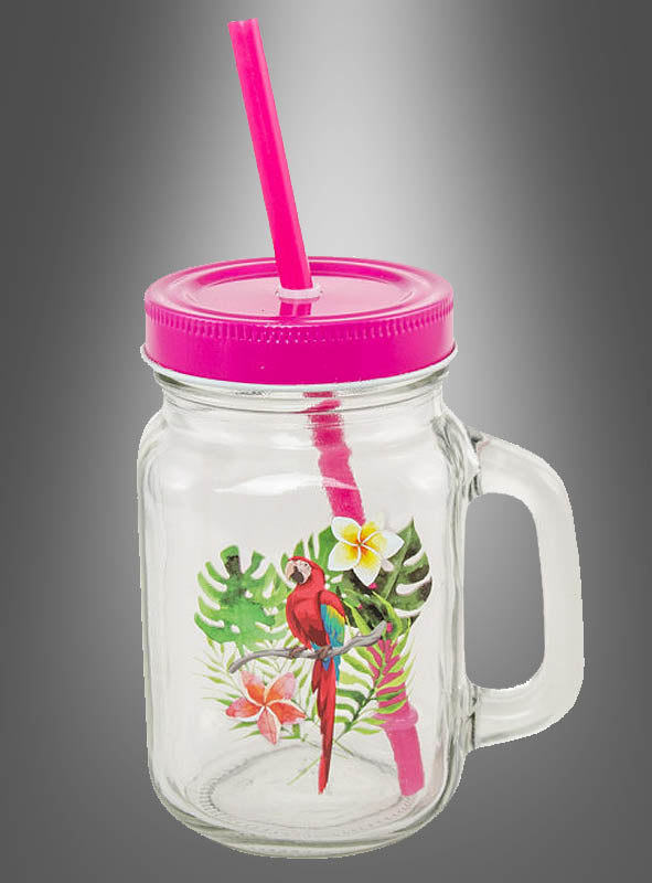 Aber sicher! Hier ist Ihr Satz, umformuliert unter Verwendung der angegebenen Produktdaten: Das „Trinkglas mit Deckel und Strohhalm Papagei 470 ml“ ist ein Glas mit Henkel, das mit einem rosa Deckel und einem Strohhalm ausgestattet ist – wunderschön verziert mit einem bunten Papagei sowie leuchtenden tropischen Blättern und Blumen. Dieses fröhliche Glas eignet sich perfekt als „Papagei-Glas“ für jede Hawaii-Party – dargestellt vor einem grauen Hintergrund mit Farbverlauf.