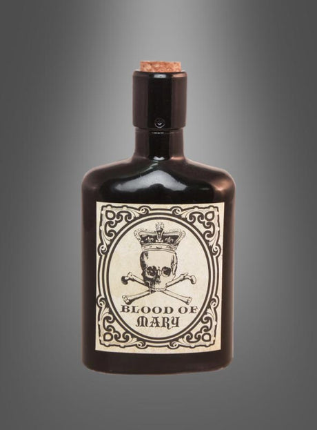 Eine 17 cm hohe Flasche aus dunklem Glas mit Korkverschluss, beschriftet mit „Blood of Mary“ und auf der Vorderseite mit einem gekrönten Totenkopf verziert – diese „Blutflasche“-Halloween-Dekoration ist die perfekte gruselige Ergänzung für Ihre Halloween-Feierlichkeiten.