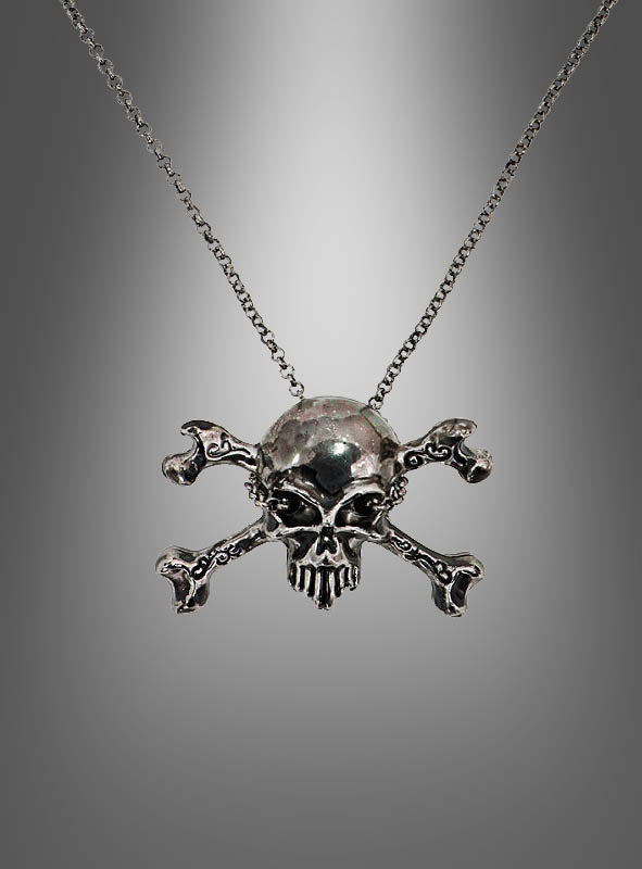 Die Kette mit Totenkopf-Pirat in Anthrazit besticht durch einen markanten „Skull-and-Crossbones“-Anhänger vor einem stilvollen, grauen Farbverlauf.