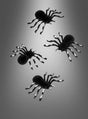 Vier schwarz-silberne Spinnen (4 x Spinnen schwarz-silber, 10 x 7,5 cm) mit weiß gestreiften Beinen sind auf einem grau abgestuften Hintergrund angeordnet – ideal als Halloween-Deko oder als auffällige Halloween-Tischdekoration.