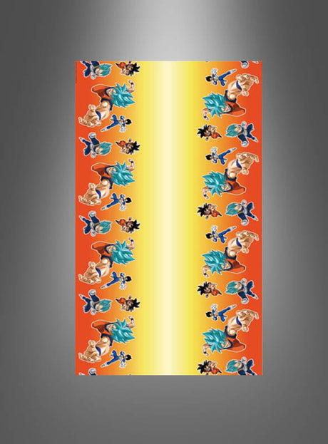 Die farbenfrohe Papiertischdecke „Dragon Ball“ zeigt Figuren aus „Dragon Ball Z“ in leuchtendem Blau und Orange, die in Reihen vor einem orange-gelben Farbverlauf angeordnet sind – perfekt als einzigartige Partydekoration (Partyartikel) oder um jeder Kindergeburtstagsfeier eine verspielte Note zu verleihen.