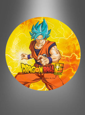 Der „Dragon Ball“-Pappteller (23 cm) zeigt die Anime-Figur Son Goku mit blauen Haaren und einem orangefarbenen Outfit, bereit zum Kampf auf einem runden Teller vor einem auffälligen gelben Blitzhintergrund – perfekt für jede Kindergeburtstagsfeier.
