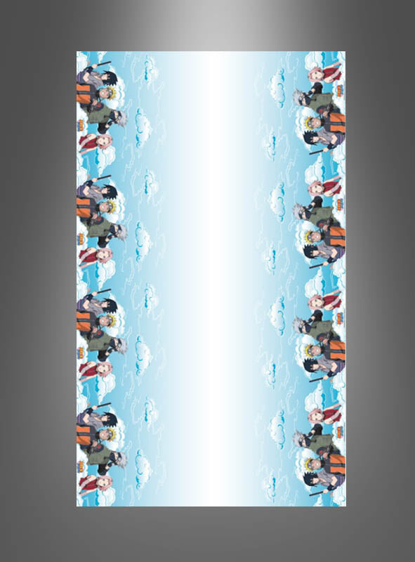 Eine rechteckige Naruto-Tischdecke aus Papier zeigt an beiden Längsseiten Gruppen von Anime-Figuren vor einem hellblauen Himmel mit Wolken und einem strahlend weißen Mittelteil – perfekt zur Dekoration eines Naruto-Kindergeburtstags oder als einzigartiger Artikel für eine Anime-Party.
