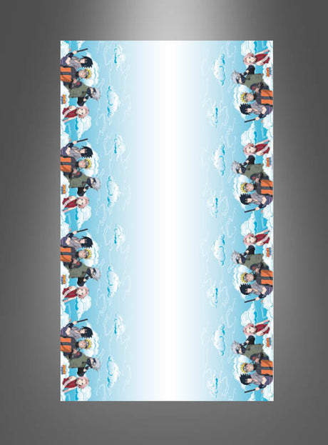 Eine rechteckige Naruto-Tischdecke aus Papier zeigt an beiden Längsseiten Gruppen von Anime-Figuren vor einem hellblauen Himmel mit Wolken und einem strahlend weißen Mittelteil – perfekt zur Dekoration eines Naruto-Kindergeburtstags oder als einzigartiger Artikel für eine Anime-Party.