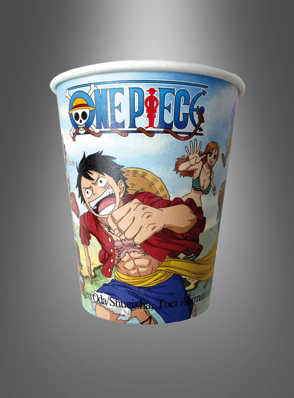 Der „One Piece“-Pappbecher (250 ml) zeigt beliebte Anime-Figuren wie Ruffy im Vordergrund, hervorgehoben durch das „One Piece“-Logo auf einem stilvollen grauen Hintergrund mit Farbverlauf – ideal für jede Anime-Party oder jeden Kindergeburtstag.