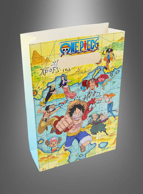 Ein farbenfrohes 4er-Pack „Papiertüten One Piece“ mit beliebten Figuren aus dem Anime vor einem Kartenhintergrund und einem praktischen Griffausschnitt – perfekt für deine nächste One-Piece-Party oder als Geschenktüten („Papiertüten One Piece“) für Kindergeburtstage.