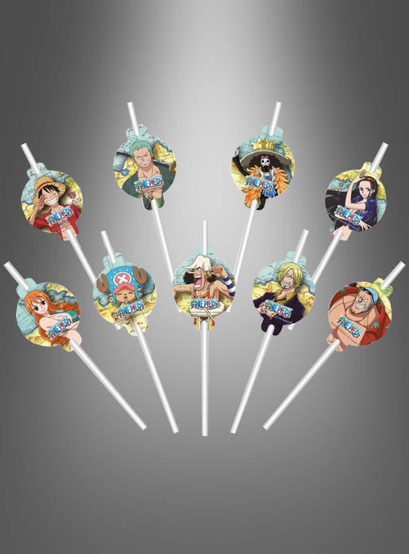Acht „One Piece“-Papierstrohhalme in Weiß, jeweils mit einem runden Anhänger, auf dem Anime-Figuren und das „One Piece“-Logo abgebildet sind, fächerförmig angeordnet vor einem grau abgestuften Hintergrund – ideale Akzente für jede Anime-Party oder jeden Kindergeburtstag.