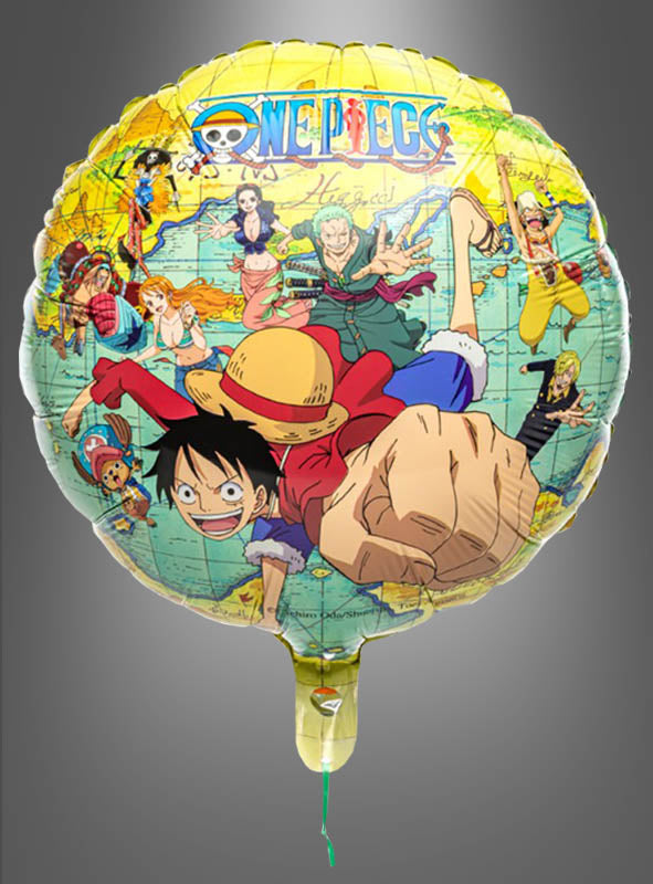 Ein „One Piece“-Folienballon in runder Form, auf dem beliebte Figuren aus dem Anime vor einem farbenfrohen Kartenhintergrund abgebildet sind und Luffy prominent im Vordergrund steht – ideal als „One Piece“-Dekoration für jeden Anime-Kindergeburtstag.