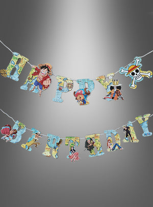 One Piece-Papiergirlande „Happy Birthday“, 200 cm, mit beliebten Anime-Figuren wie Ruffy, Chopper und dem Strohhut-Piraten-Logo – die ideale Partydekoration für echte One Piece-Fans.