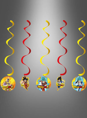 Fünf „Dragon Ball“-Deko-Swirls mit runden Charakterausschnitten und roten oder gelben Spiralen sind auf einem grauen Hintergrund mit Farbverlauf abgebildet – perfekt für jede Anime-Kindergeburtstagsparty.