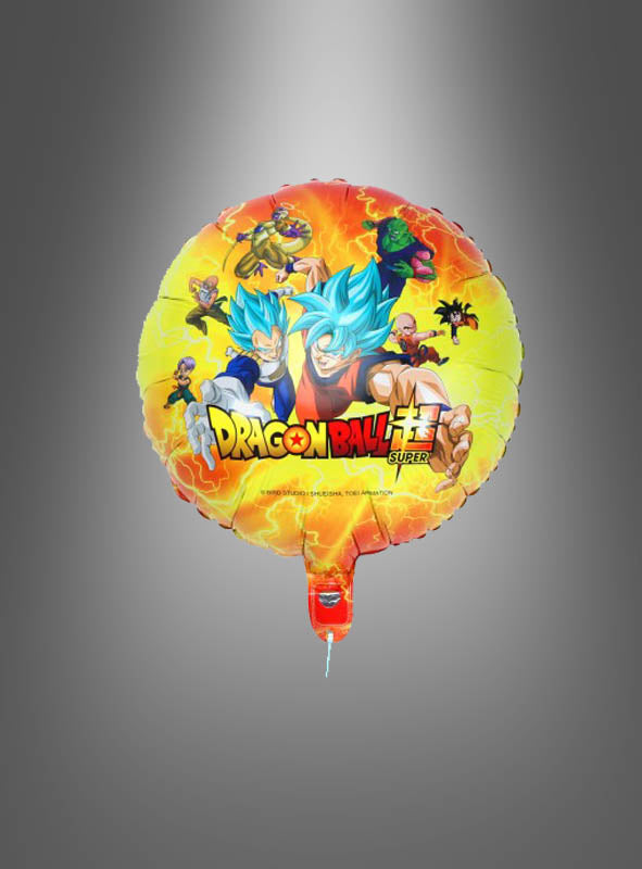 Ein runder, gelber „Dragon Ball“-Folienballon mit verschiedenen Anime-Figuren – darunter Goku und Vegeta mit blauen Haaren – auf grauem Hintergrund mit Farbverlauf, perfekt für jeden Anime-Kindergeburtstag oder als auffällige „Dragon Ball“-Dekoration.