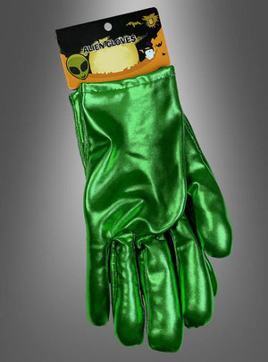 Ein Paar leuchtend grüne Handschuhe namens „Grüne Alien-Handschuhe“, präsentiert in einer Halloween-Verpackung vor grauem Hintergrund – das perfekte Accessoire für dein Alien-Kostüm, um deinen außerirdischen Look zu vervollständigen.