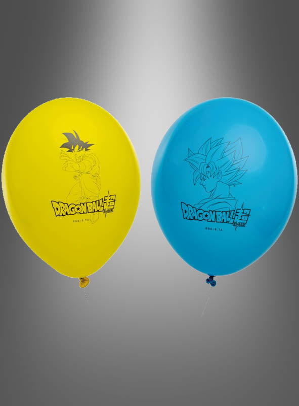 6er-Pack „Dragon Ball“-Latexballons in Gelb und Blau, jeweils mit einer schwarzen Umrandung einer Figur aus „Dragon Ball Super“ und dem Original-Serienlogo verziert – ideal als auffällige Partydekoration oder für deine Kindergeburtstagsfeier!.