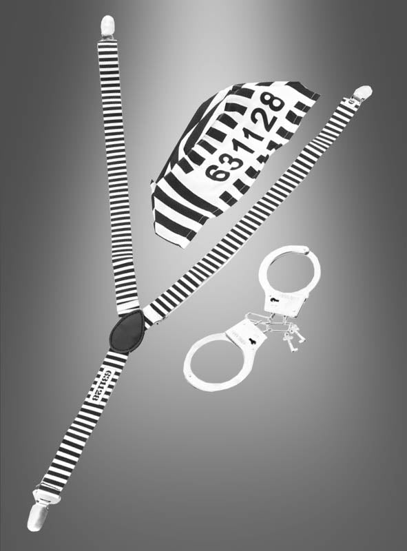 Das „Sträfling“-Set „Gefangener“ (3-teilig) umfasst einen schwarz-weiß gestreiften Gefängnisanzug mit Hosenträgern, eine Mütze mit der Aufschrift „631128“ sowie ein Paar Metallhandschellen mit Schlüsseln und eignet sich somit perfekt als Karnevalsaccessoire oder Gefangenenkostüm. Abgebildet vor einem grauen Hintergrund mit Farbverlauf.