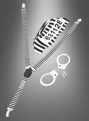 Das „Sträfling“-Set „Gefangener“ (3-teilig) umfasst einen schwarz-weiß gestreiften Gefängnisanzug mit Hosenträgern, eine Mütze mit der Aufschrift „631128“ sowie ein Paar Metallhandschellen mit Schlüsseln und eignet sich somit perfekt als Karnevalsaccessoire oder Gefangenenkostüm. Abgebildet vor einem grauen Hintergrund mit Farbverlauf.
